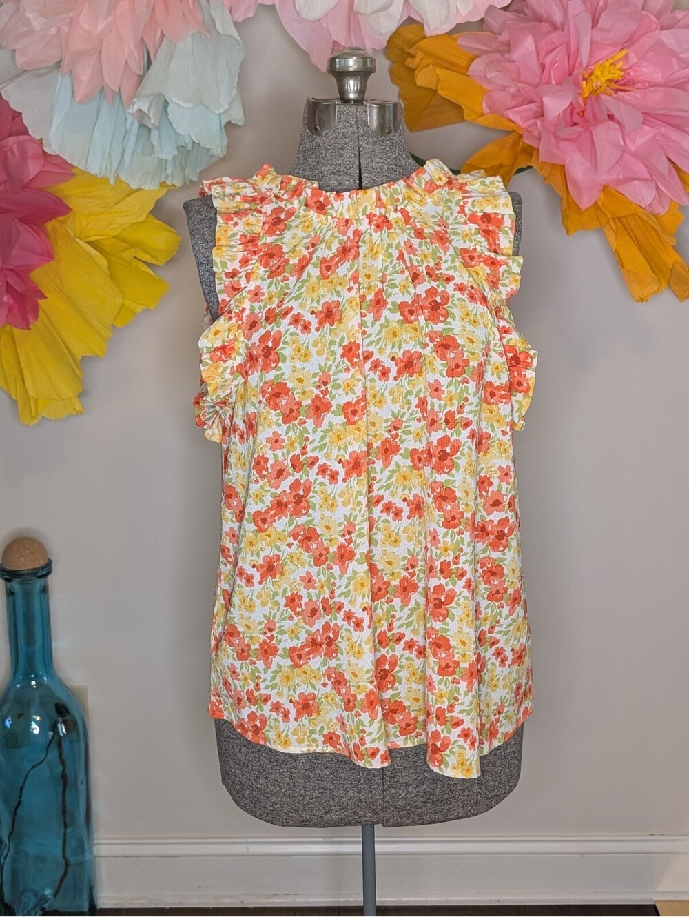 2067 - Perch by Blu Pepper Floral Sleeveless Ruffle Blouse 1XL